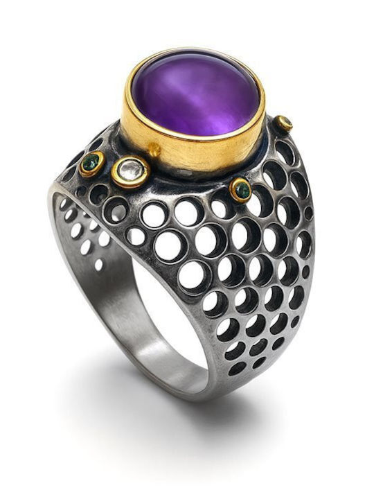 Paraxenies Ring with Zircon made of Silver Gold Plated