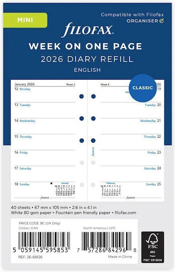 Filofax 2026 Mini English Weekly 1 Page Per Week Diary White 26-68126