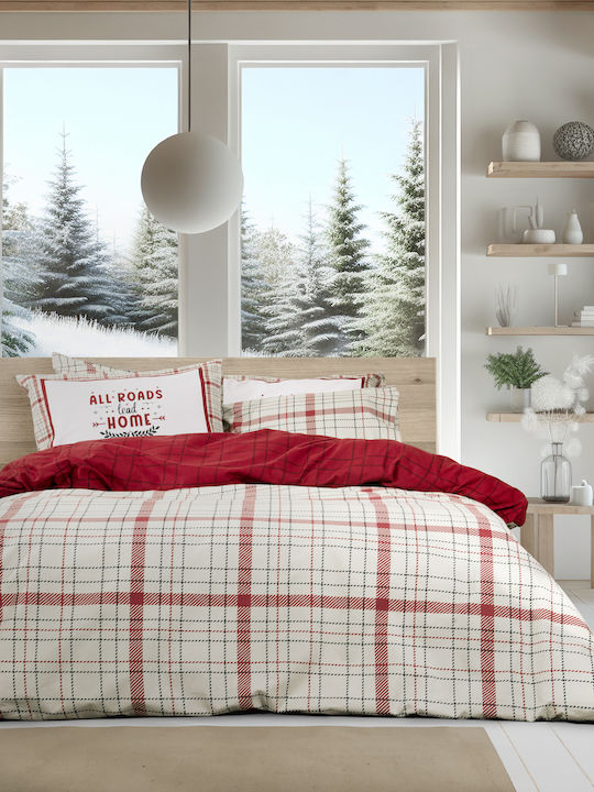 Nima Home Bliss Σετ Σεντόνια Υπέρδιπλα Φανελένια με Λάστιχο 165x200+32εκ. Κόκκινο, Μπεζ (4τμχ)