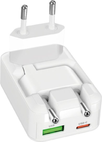 SBS Φορτιστής Χωρίς Καλώδιο με Θύρα USB-A και Θύρα USB-C 45W Power Delivery Λευκός (ANUSBTCFOLD45W)
