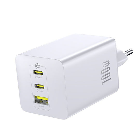 Baseus Φορτιστής Χωρίς Καλώδιο GaN με Θύρα USB-A και 2 Θύρες USB-C 100W Power Delivery / Quick Charge 3.0 Λευκός (EnerFill FE11)
