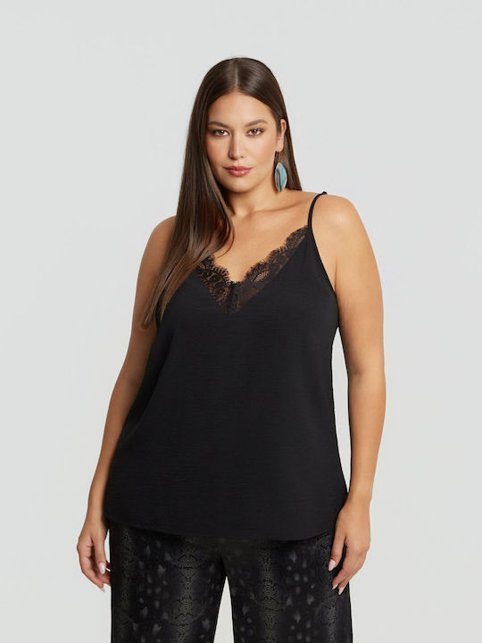 Bluza Damă Satin Cu Bretele Și Decolteu În V Neagră