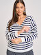 Women's Long Sleeve Sweater with V Neckline Striped Blue