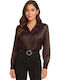 Women's Satin Polka Dot Long Sleeve Shirt Black With Red Polka Dots