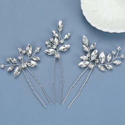 Set of 3 Formal Impressive Hair Pins Decorated with Shiny Strass Diamonds Silver