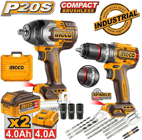 Ingco COSLI250586E Σετ Κρουστικό Δραπανοκατσάβιδο & Μπουλονόκλειδο Brushless 20V με 2 Μπαταρίες 4Ah και Θήκη