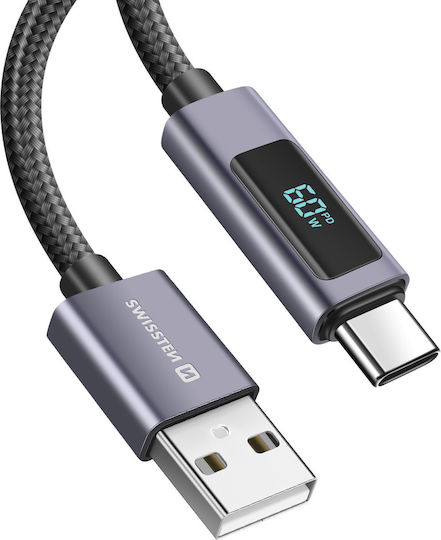 Swissten 3A Charging Sync USB To USB-C 60W 1M Cable LED Screen Black