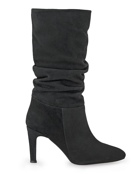 Wildleder Damenstiefel mit hohem Absatz Schwarz
