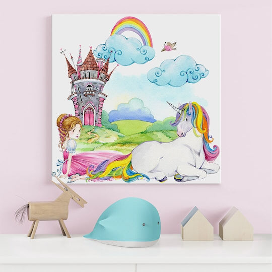 Kids Canvas Wall Painting The Princess, The Castle, The Unicorn 50x50cm