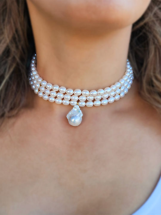 Κολιέ Choker Κ14 Χρυσό Κούμπωμα 3 Σειρές Μαργαριτάρια Μενταγιόν Μαργαριτάρι Baroque F126488