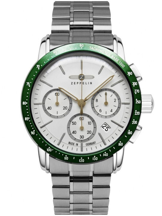 Zeppelin Mens Ανδρικό Ρολόι 43mm Χρονογράφος Μπαταρίας με Ασημί Μεταλλικό Μπρασελέ