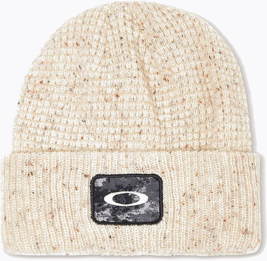 Ellipse Patch Waffle Beanie Unisex Beanie with Rib Knit in Beige color