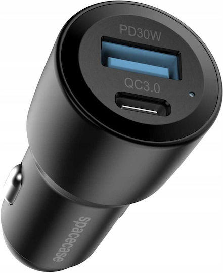 Spacecase Spacecase Autoladegerät 60W 2.5A Schnellladen mit Anschlüssen 1xUSB-A 1xType-C Schwarz Farbe