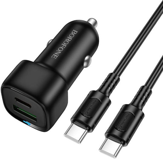 Borofone Auto-Ladegerät 38W Schnellladung mit Anschlüssen: 1xUSB 1xType-C mit Kabel Typ-C,TC-TC Schwarz Farbe