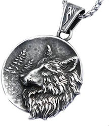 Embossed Wolf Pendant Necklace Chain in Silver Tone