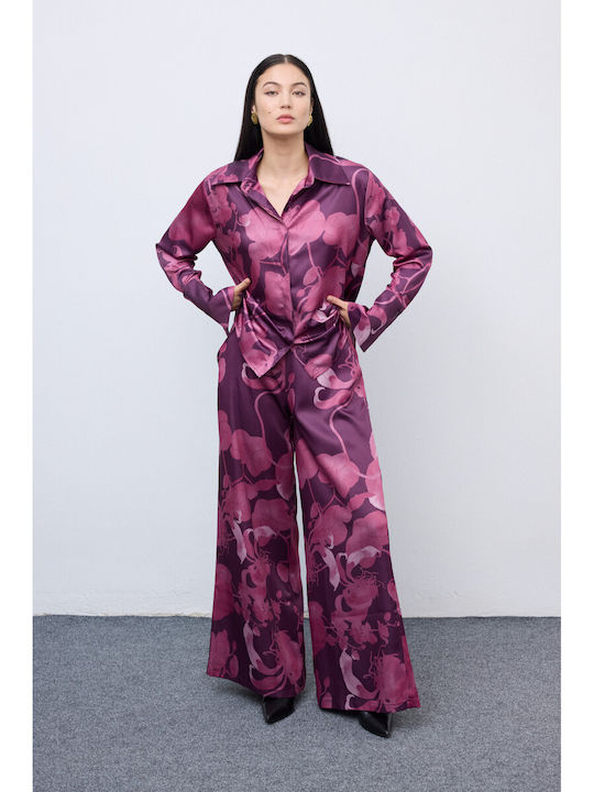 Femei Burgundy Set cu Talie înaltă Pantaloni Floral