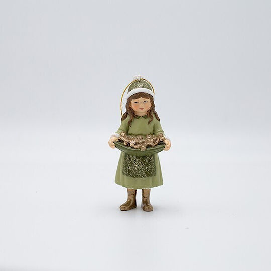 Polyresin Schmuckstück Mädchen Grün Korb Früchte 5.5x12cm