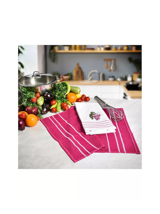Set of 2 Embroidered Kitchen Towels White & Pink 40x60cm