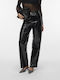 Women's High-waisted Leather Trousers Loose Fit Black