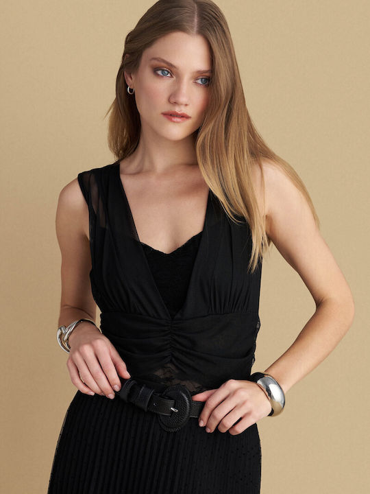 Damen-Bodysuit Detail Transparent Schwarz Schwarz