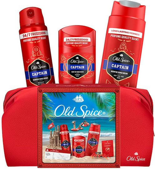 Capten Σετ Περιποίησης για Καθαρισμό Σώματος Old Spice Σετ Δώρου Ταξιδιωτική Θήκη Για Άνδρες Με Αποσμητικό Στικ Και Αφρόλουτρο Captain, 24ωρη Φρεσκάδα για καθημερινή χρήση, Άρωμα με Ποιοτική Μυρωδιά Που Διαρκεί4τμχ