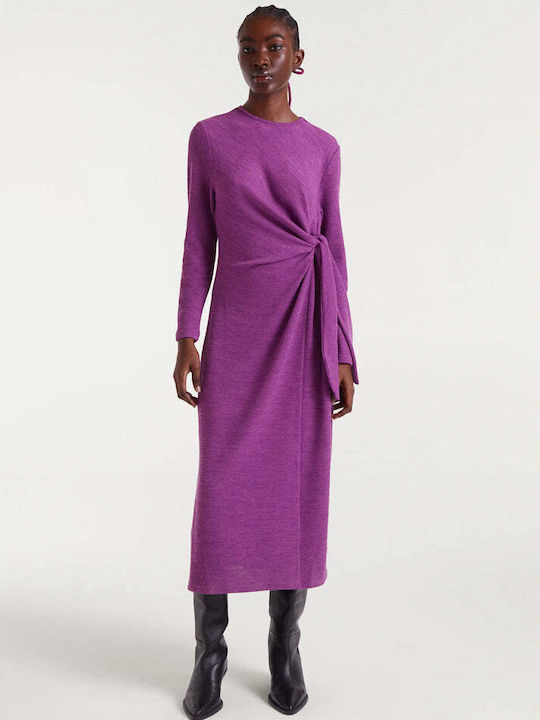 Midi Dress Long Sleeve Knitted Magenta