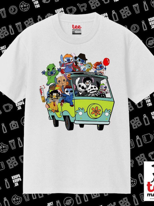 Stitch Halloween Scooby Car Κλασικό T-shirt Διπλής Ραφής Χωρίς Πλευρικές Ραφές Λευκο 100% Βαμβάκι Vegan & Oeko-tex Πιστοποιημένο