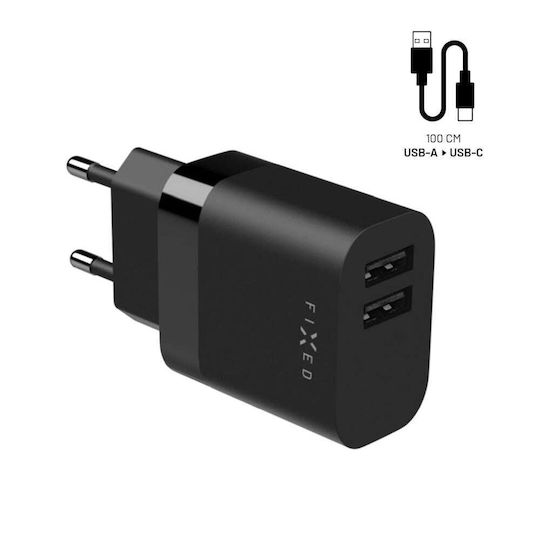 Fixed Handyladegerät mit integriertem Kabel mit 2 USB-A USB-C 17W Schwarzes