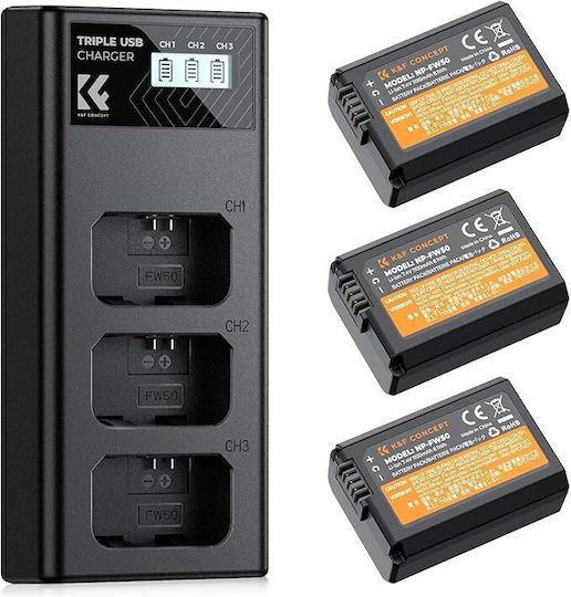 K&f Np-fw50 Camera Battery 1100mah 3-pack + Charger Lcd Display Charger Set