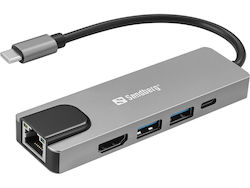 Sandberg USB-C Докинг станция с HDMI 4K PD Ethernet
