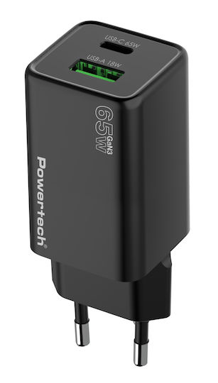 Powertech Φορτιστής Χωρίς Καλώδιο GaN με Θύρα USB-A και Θύρα USB-C 65W Power Delivery / Quick Charge 4.0 Μαύρος (PT-1501)