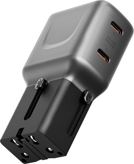 Energea Φορτιστής Χωρίς Καλώδιο GaN με 2 Θύρες USB-C 45W Power Delivery Γκρι (Travelgo)