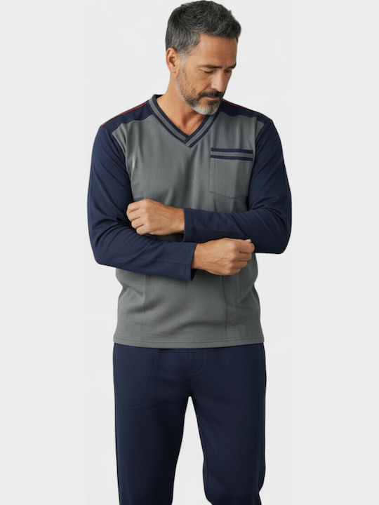 Ανδρική Πιτζάμα Fleece Collection Μπλε & Γκρι V Λαιμόκοψη Cl2640-2-ανθρακί