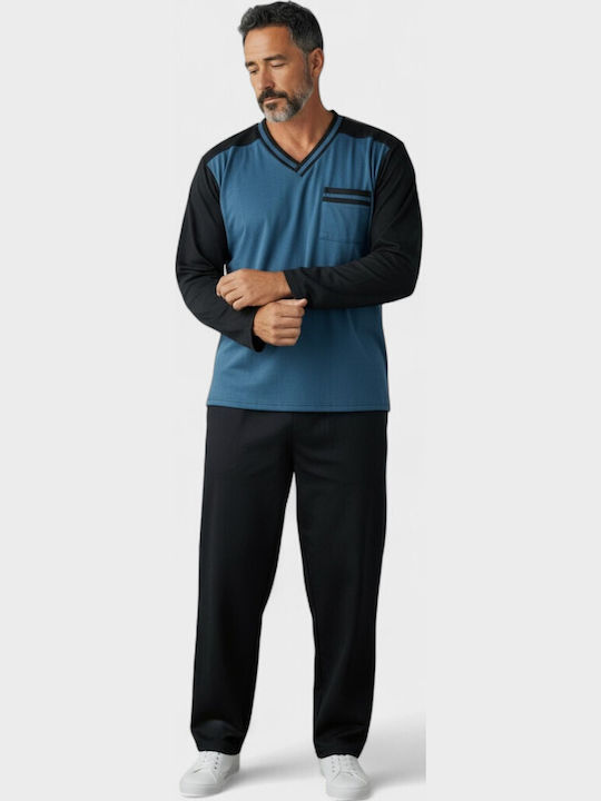 Ανδρική Πιτζάμα Fleece Collection Πετρόλ-μαύρη V Λαιμόκοψη Cl2640-1-πετρόλ