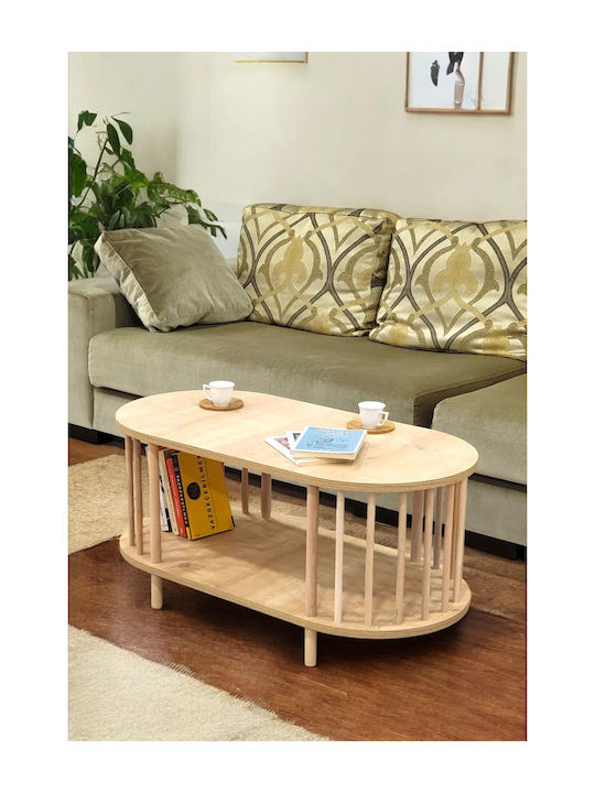 Ovaler Kaffeetisch für das Wohnzimmer – Holz mit 2 Regalen und Zeitungsfach