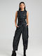 Pants Damen Hoch tailliert Stoff Capri Hose mit Gummizug Black
