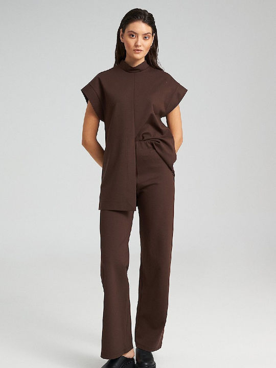 Zoya Pants Γυναικείο Ψηλόμεσο Υφασμάτινο Παντελόνι με Λάστιχο Straight Brown