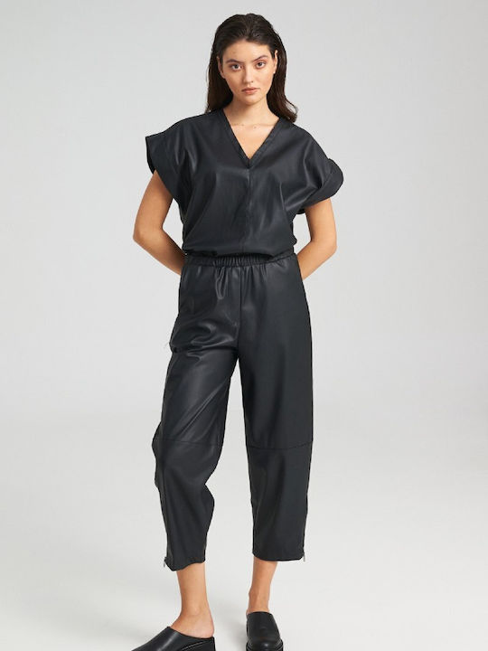 Pants Γυναικείο Ψηλόμεσο Υφασμάτινο Capri Παντελόνι με Λάστιχο Black
