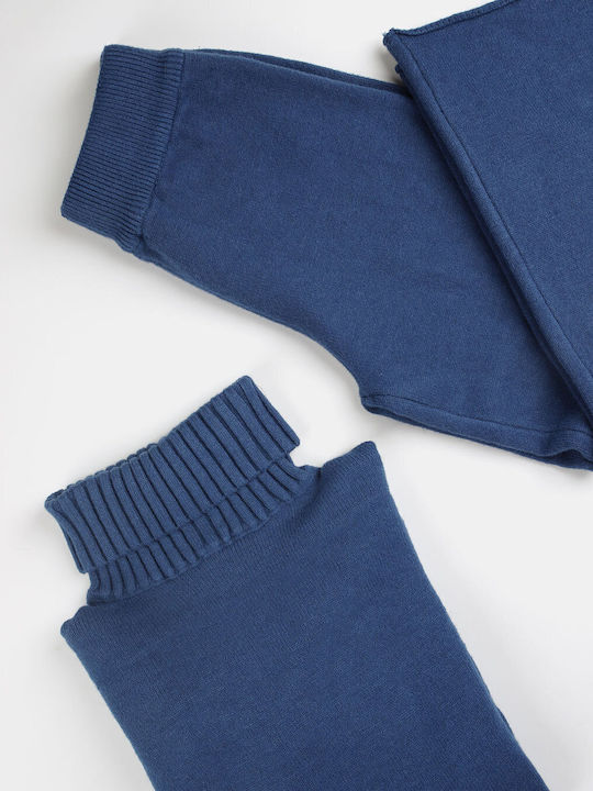 Knitted Set Trousers Blouse Turtleneck Blue