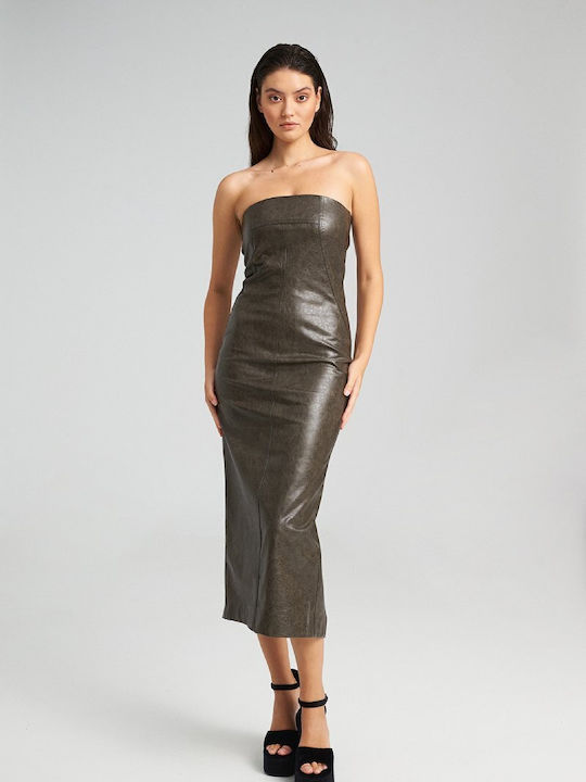 Zoya Leather Evening Dress Khaki