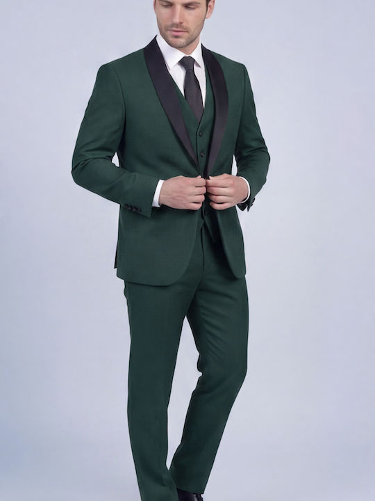 Men's Suit with Vest Slim Fit Green