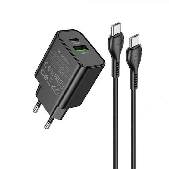 Lamtech Charger with USB-A Port and USB-C Port and Cable USB-C - USB-C 60W Power Delivery / Quick Charge 3.0 Blacks (LAM980701)