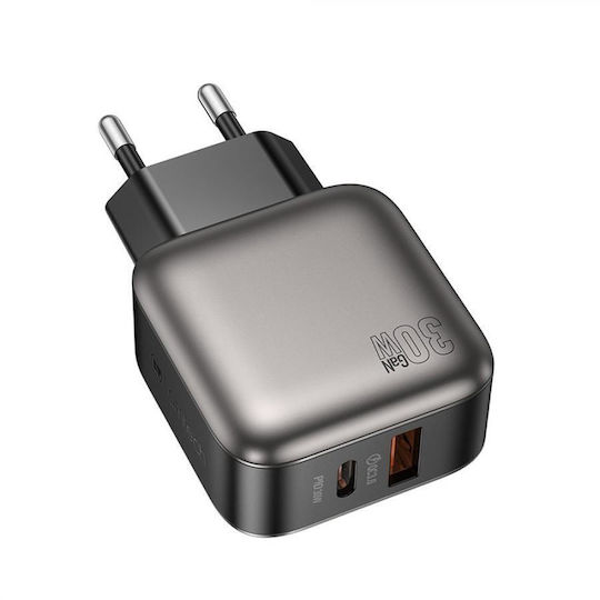 Lamtech Φορτιστής Χωρίς Καλώδιο GaN με Θύρα USB-A και Θύρα USB-C 30W Power Delivery / Quick Charge 2.0 Γκρι (LAM980442)
