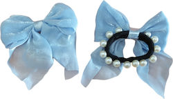 Hair Bow Elastic & White Pearls Light Blue