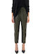 Damen Hoch tailliert Stoff Hose mit Gummizug Khaki