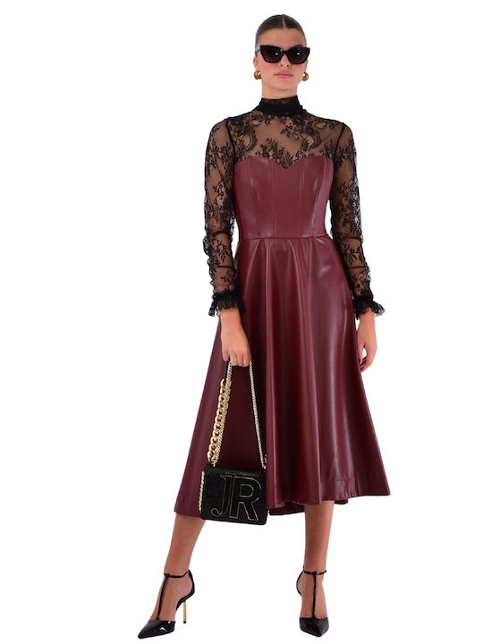 Rochie Midi De Seara Din Piele Cu Dantelă Burgundy