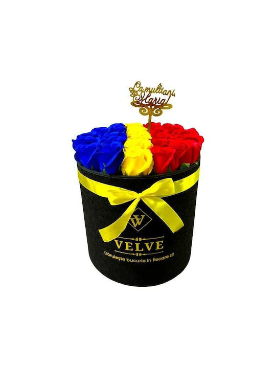 Aranjament Floral Radiance În Cutie Rotundă Neagră 25 Trandafiri Săpun „La Mulți Ani Maria!” Topper Tricolor