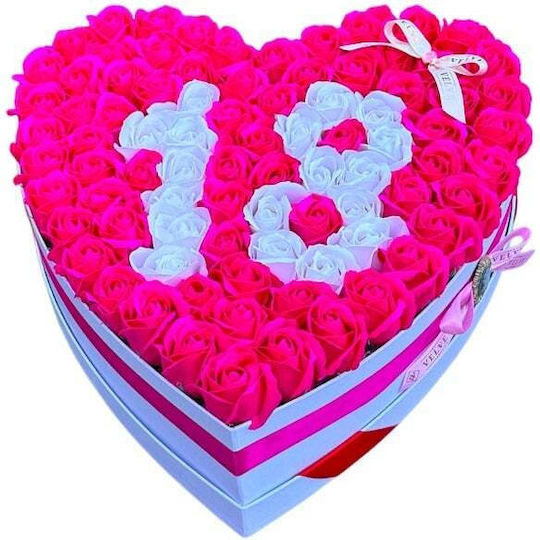 Aranjament Floral Personalizat Numărul 18 În Cutie În Formă De Inimă 85 Trandafiri Săpun Roz-alb