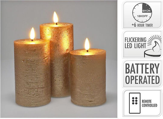 Σετ/3 Κεριά Led 7.5x10cm-12.5cm-15cm Control & Timer Χρυσό
