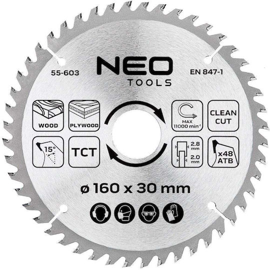 Neo Tools Δίσκος Κοπής Ξύλου με 48 Δόντια 160mm